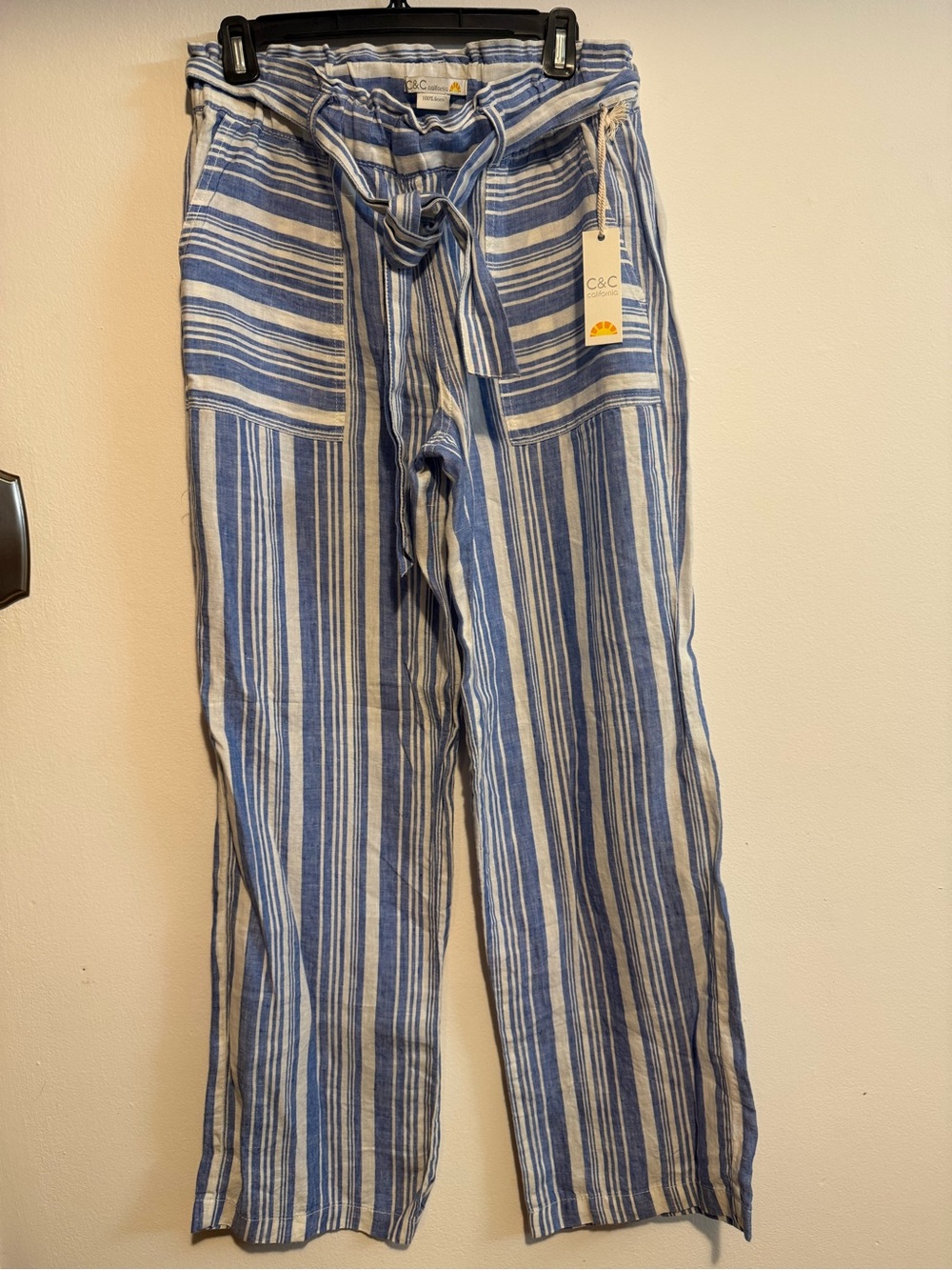 C&C California Blue and White Striped Tie-Waist 100% LinenPants